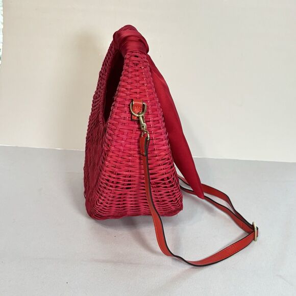 SCOOP Red Basket Handbag Round Woven Purse With Decorative Scarf - Picture 2 of 8
